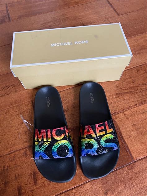 michael kors slides rainbow|Michael Kors Women's Gilmore Rainbow Pride Pool Slide .